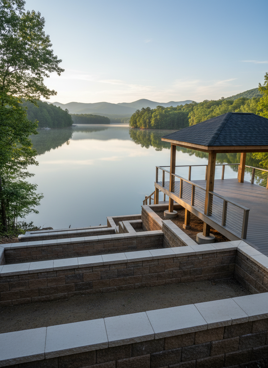 A wide, panoramic photographic view of a lakeside property improvement project in North Georgia, showing a newly constructed retaining wall and tiered outdoor living areas. The foreground features a robust, perfectly aligned block retaining wall with clean capstones, stepping down toward the water. Above, a composite deck with cable railing and a neatly roofed pavilion sits on expertly framed posts anchored into concrete footings. Morning light from a low sun casts gentle reflections on the lake and soft shadows along the masonry, highlighting textures and straight lines. Captured from a slightly elevated vantage point with sharp focus from front to back, the scene feels open, orderly, and serene, emphasizing the range of work from structural solutions to attractive outdoor spaces.