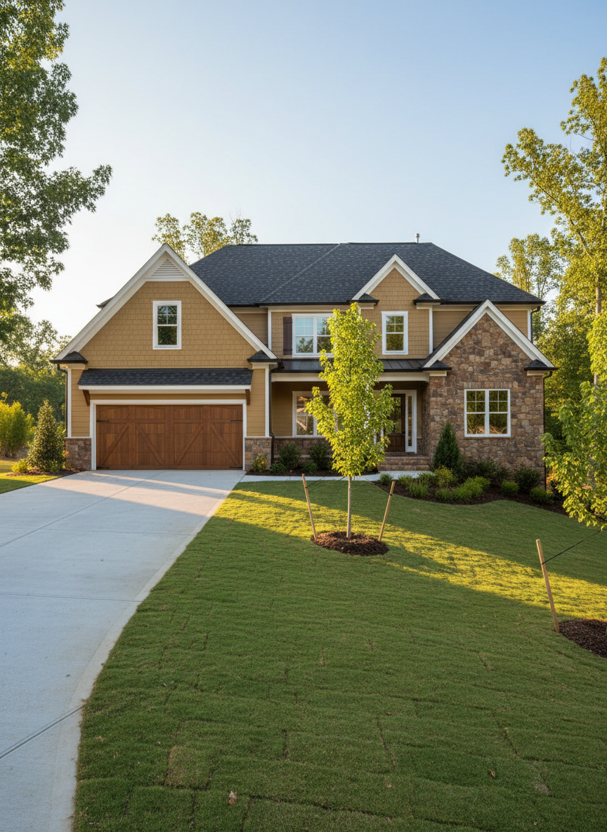 A meticulously finished custom home exterior in suburban Atlanta, showcasing warm-toned fiber-cement siding, natural stone accents, and a dark architectural shingle roof. The house sits on a gently sloped, freshly landscaped lot with neatly edged sod, young trees, and a clean concrete driveway leading to a two-car garage. Soft late-afternoon sunlight creates a golden glow on the facade, emphasizing crisp lines and flawless workmanship, with long, gentle shadows stretching across the yard. Captured in photographic realism from an eye-level perspective using the rule of thirds, the composition keeps the home centered with the sky and trees subtly framing it. The mood is professional and reassuring, highlighting quality construction and curb appeal in a clear, straightforward style.
