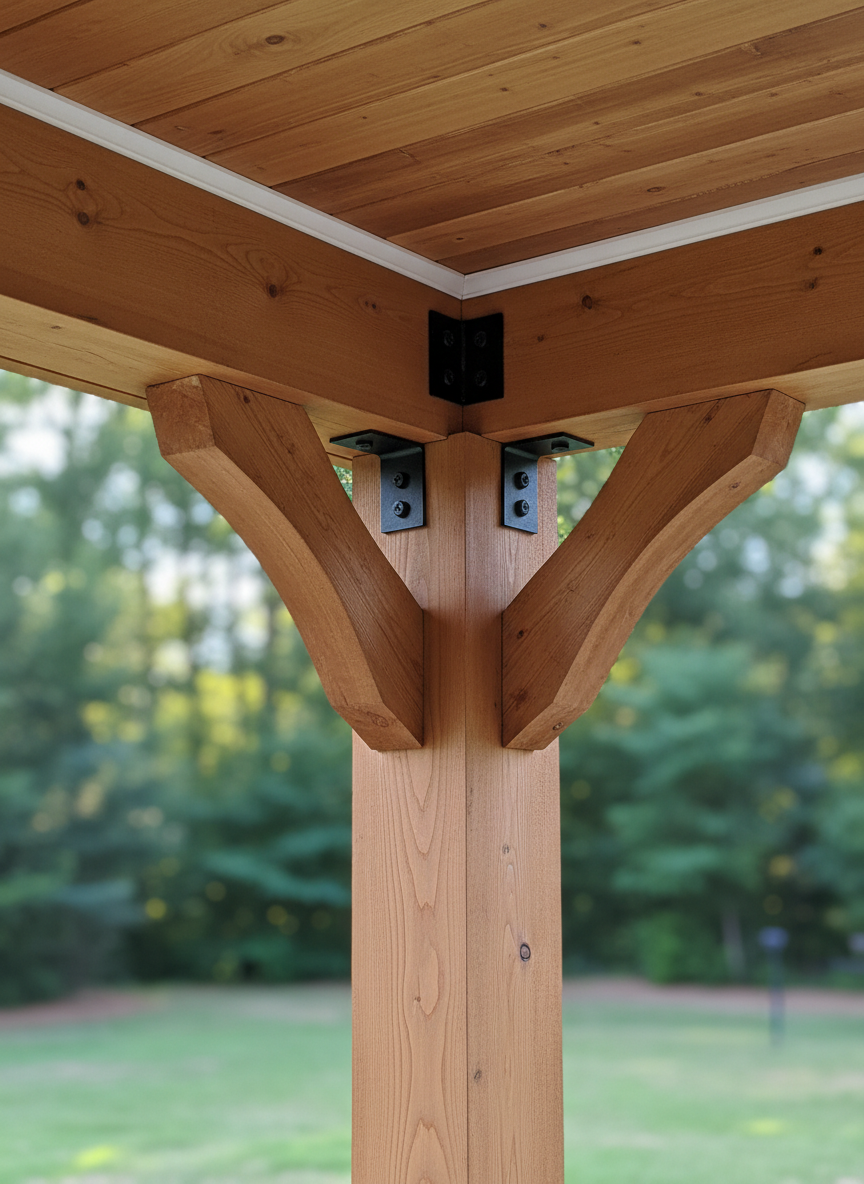 A close-up, detail-focused photograph of fine exterior carpentry work on a covered porch in Southern Kentucky. The image centers on a heavy timber post and beam connection, showing smooth, sanded wood with a natural stain that reveals the grain, secured with neatly aligned black metal brackets and bolts. Tongue-and-groove ceiling boards above are precisely installed, with consistent spacing and cleanly caulked joints where they meet the trim. Soft, diffused afternoon light filters in from the side, bringing out the texture of the wood and metal without glare. The background falls gently out of focus, hinting at a lush backyard. Composed at a slight upward angle with shallow depth of field, the mood is confident and craftsmanlike, emphasizing durability, precision, and integrity in construction details.
